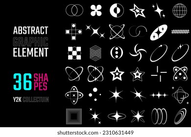 Retro futuristic elements for design. Big collection of abstract graphic geometric symbols and objects in y2k style. Templates for tshrit design, posters, banners, stickers, logo. Vector EPS