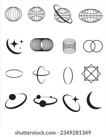 Retro futuristic elements for design. Big collection of abstract graphic geometric symbols and objects in y2k style. Templates for notes, posters, banners, stickers, business cards, logo.