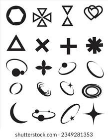 Retro futuristic elements for design. Big collection of abstract graphic geometric symbols and objects in y2k style. Templates for notes, posters, banners, stickers, business cards, logo.