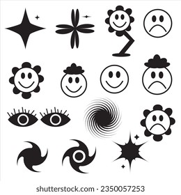 Retro futuristic elements for design. Big collection of abstract graphic geometric symbols and objects in y2k style. Templates for notes, posters, banners, stickers, business cards, logo.