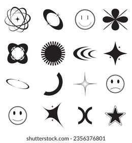 Retro futuristic elements for design. Big collection of abstract graphic geometric symbols and objects in y2k style. Templates for notes, posters, banners, stickers, business cards, logo
