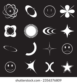 Retro futuristic elements for design. Big collection of abstract graphic geometric symbols and objects in y2k style. Templates for notes, posters, banners, stickers, business cards, logo