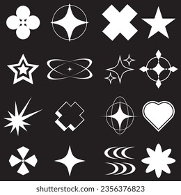Retro futuristic elements for design. Big collection of abstract graphic geometric symbols and objects in y2k style. Templates for notes, posters, banners, stickers, business cards, logo