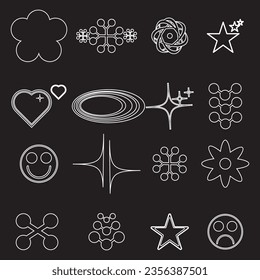 Elementos retro futuristas para el diseño. Gran colección de símbolos y objetos geométricos gráficos abstractos en estilo y2k. Plantillas para notas, carteles, pancartas, pegatinas, tarjetas de visita, logotipo