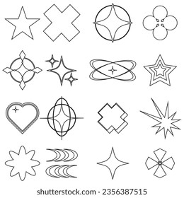 Retro futuristic elements for design. Big collection of abstract graphic geometric symbols and objects in y2k style. Templates for notes, posters, banners, stickers, business cards, logo