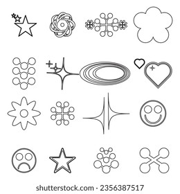 Retro futuristic elements for design. Big collection of abstract graphic geometric symbols and objects in y2k style. Templates for notes, posters, banners, stickers, business cards, logo