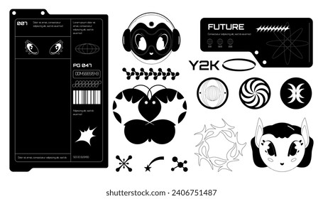 Retro futuristic elements for design. Big collection of abstract graphic geometric symbols and objects in y2k style.Technology frame for design. 