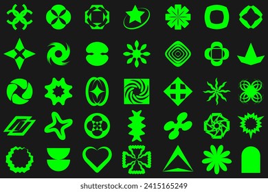 Elementos retro futuristas para el diseño. Gran colección de símbolos y objetos geométricos gráficos abstractos en estilo y2k. Plantillas para la marca de las telarañas. Ilustración del vector