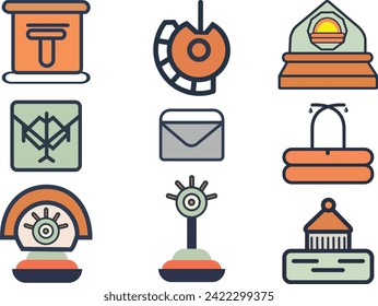 Retro futuristic elements for design. Big collection of abstract graphic symbols and objects style. Templates for notes, posters, banners, stickers, business cards, logo design.