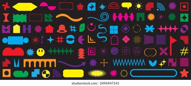 Retro futuristic elements for design. Big collection of abstract graphic geometric symbols and objects in y2k style.