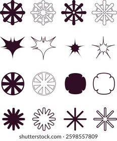 Retro futuristic elements for design. Big collection of abstract graphic geometric symbols and objects in y2k style. Templates for notes, posters, banners, stickers, business cards, logo.