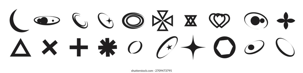 Retro futuristic elements for design. Big collection of abstract graphic geometric symbols and objects in y2k style