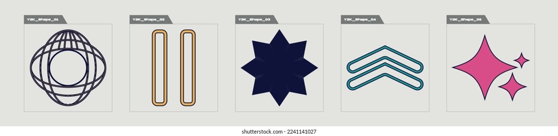 Retro futuristic elements for design. Brutalism star and flower shapes. Objects in y2k style. Projects, posters, banners. Vector illustration