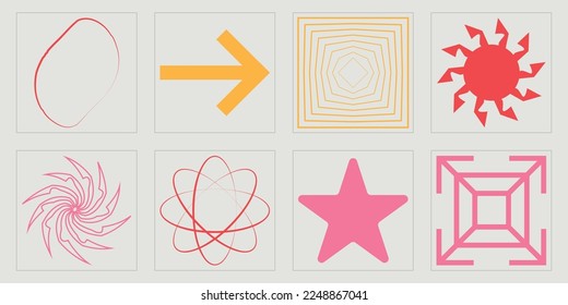 Retro futuristic elements for design. Brutalism star and flower shapes. Objects in y2k style. Anti-design. Vector illustration