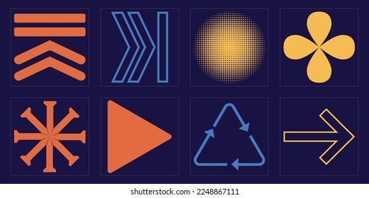 Retro futuristic elements for design. Brutalism star and flower shapes. Cyberpunk elements. Stars, starburst . Vector illustration