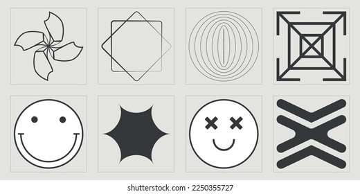 Retro futuristic elements for design. Brutalism star and flower shapes. Cyberpunk elements. Isolated on black background. Vector illustration