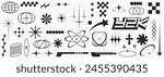 Retro futuristic elements for design. Collection of abstract graphic geometric symbols and shapes in y2k style. Templates for posters, banners, stickers, business cards
