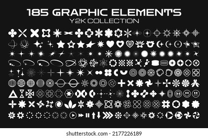 Retro futuristic elements for design. Collection of abstract graphic geometric symbols and objects in y2k style. Templates for pomters, banners, stickers, business cards - Shutterstock ID 2177226189