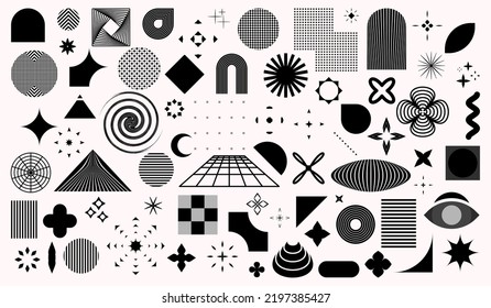 Retro futuristic elements for design. Collection of abstract graphic geometric symbols and objects in y2k style. Abstract geometric shapes in brutalism style. Templates for posters, banners, stickers