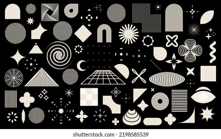 Retro futuristic elements for design. Collection of abstract graphic geometric symbols, shapes and objects in y2k style - Brutalism bold style. Abstract geometric elements bauhaus swiss style.