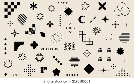 Retro futuristic elements for design. Collection of abstract graphic geometric symbols, shapes and objects in y2k style - Brutalism bold style. Abstract geometric elements bauhaus swiss style.