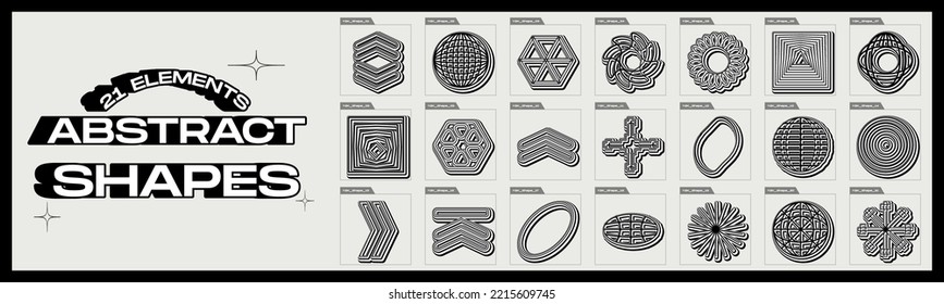 Retro futuristic elements for design. Collection of abstract graphic geometric symbols. Objects in y2k style. Glitch brutalism shapes. Vector illustration