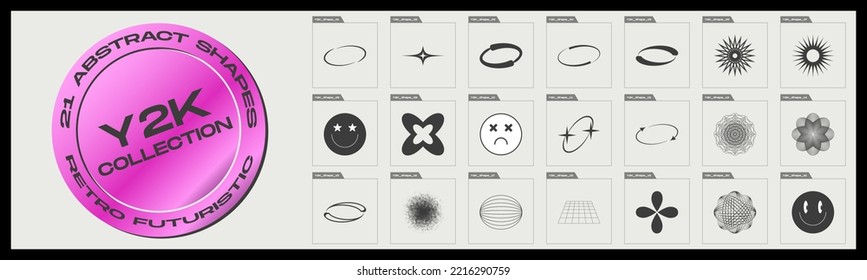 Retro futuristic elements for design. Collection of abstract graphic geometric symbols. Objects in y2k style. Icons Collection. Vector illustration