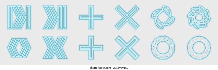 Retro futuristic elements for design. Collection of abstract graphic geometric symbols. ornaments for decoration. Minimalist linear form. Vector illustration