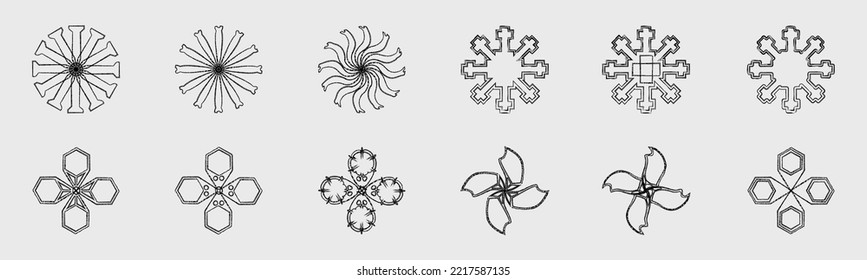 Retro futuristic elements for design. Collection of abstract graphic geometric symbols. Simple shapes forms. Cyber neo futuristic. Vector illustration