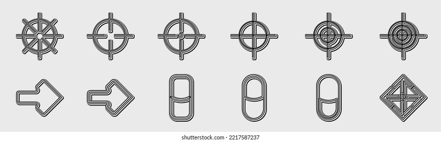 Retro futuristic elements for design. Collection of abstract graphic geometric symbols. ornaments for decoration. Minimalist linear form. Vector illustration