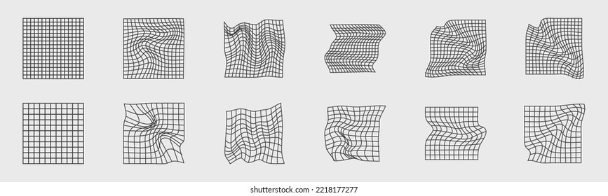 Retro futuristic elements for design. Collection of abstract graphic geometric symbols. Abstract bauhaus and boho cosmic style. Glitch brutalism shapes. Vector illustration