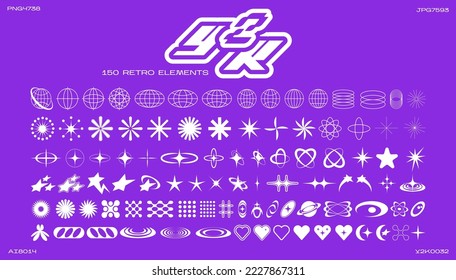 Retro futuristic elements for design. Collection of abstract graphic geometric symbols and objects in y2k style. Templates for pomters, banners, stickers, business cards