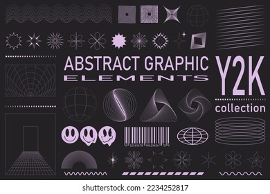 Retro futuristic elements for design. Collection of abstract graphic geometric symbols and objects in y2k style. Templates for notes, posters, banners, stickers, business cards, logo.