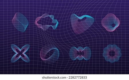 Retro futuristic elements for design. Collection of abstract graphic geometric symbols and objects in y2k style. Templates for pomters, banners, stickers, business cards