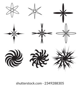 Retro futuristic elements for design. Collection of abstract graphic geometric symbols and objects in y2k style. Templates for  banners, stickers, business cards