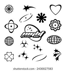 Retro futuristic elements for design. Collection of abstract symbols and objects in y2k style. Templates for posters, banners, stickers