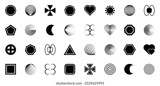 Elementos futuristas retro para el diseño. Colección de símbolos geométricos gráficos abstractos y Formas en estilo Y2K. Plantillas para carteles, Anuncios, pegatinas, tarjetas de visita.