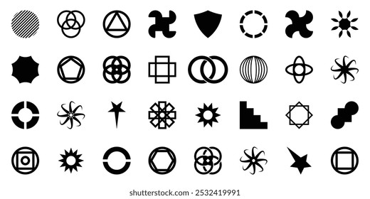 Elementos futuristas retro para el diseño. Colección de símbolos geométricos gráficos abstractos y objetos en estilo Y2K. Plantillas para Anuncios, pegatinas, tarjetas de visita.