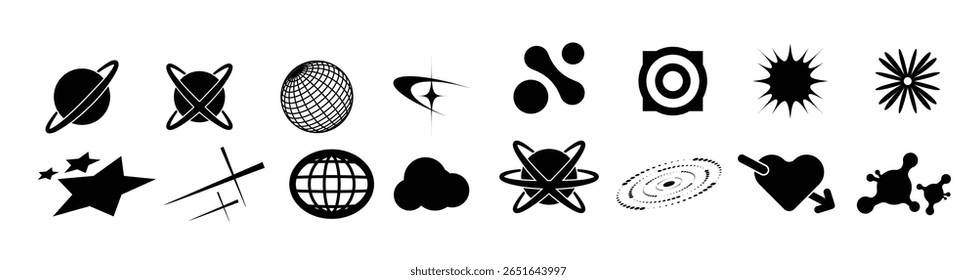 Retro futuristic elements for design. Collection of abstract graphic geometric symbols and objects in y2k style
