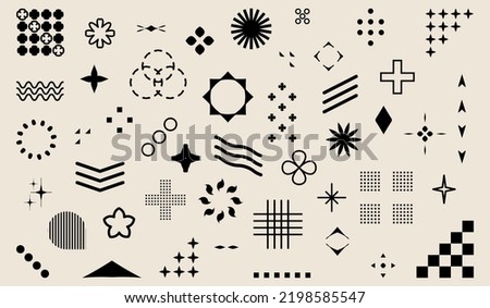 Retro futuristic elements for design. Collection of abstract graphic geometric symbols, shapes and objects in y2k style - Brutalism bold style. Abstract geometric elements bauhaus swiss style.