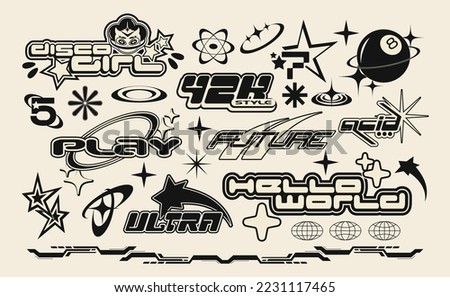 Retro futuristic elements for design. Collection of abstract graphic geometric symbols and objects in y2k style. Templates for pomters, banners, stickers, business cards
