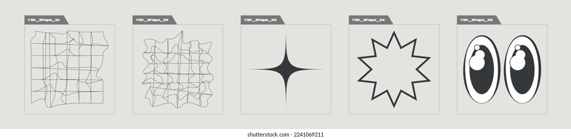 Retro futuristic elements for design. Retro futuristic graphic ornaments. Objects in y2k style. Isolated on black background. Vector illustration