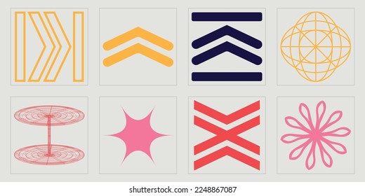 Elementos retro futuristas para el diseño. Gran conjunto de objetos retro para el diseño. Plantillas para notas, carteles. Estrellas, starburst. Ilustración del vector