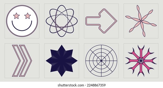 Retro futuristic elements for design. Large set of retro objects for design. Elements for graphic decoration. Isolated on black background. Vector illustration