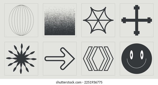 Retro futuristic elements for design. Large set of retro objects for design. Objects in y2k style. Anti-design. Vector illustration