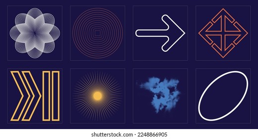 Retro futuristic elements for design. Trendy geometric postmodern figures. Modern abstract forms. Projects, posters, banners. Vector illustration