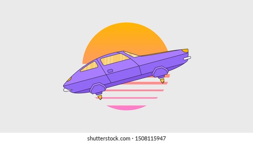 Retro Futuristic Flat Style Flying Car Design. Retro Cyber Car Logotype. 90s Style Sun On Background. Retro Wave Poster.