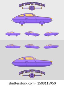 Retro Futuristic Flat Style Flying Car Design. 2d Game Retro Flying Car Design, Animation Steps, Levitation Car Moving Forward And Backward 