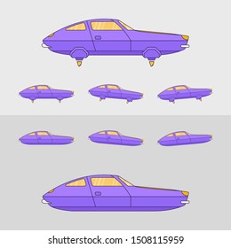 Retro futuristic flat style flying car design. 2d game retro flying car design, animation steps, levitation car moving forward and backward 