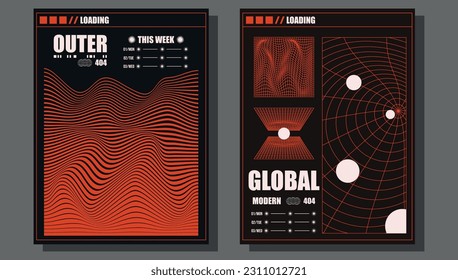 Retro futuristic flyer design template poster with sci-fi elements, grids, circles, lettering on black background. Vector illustration